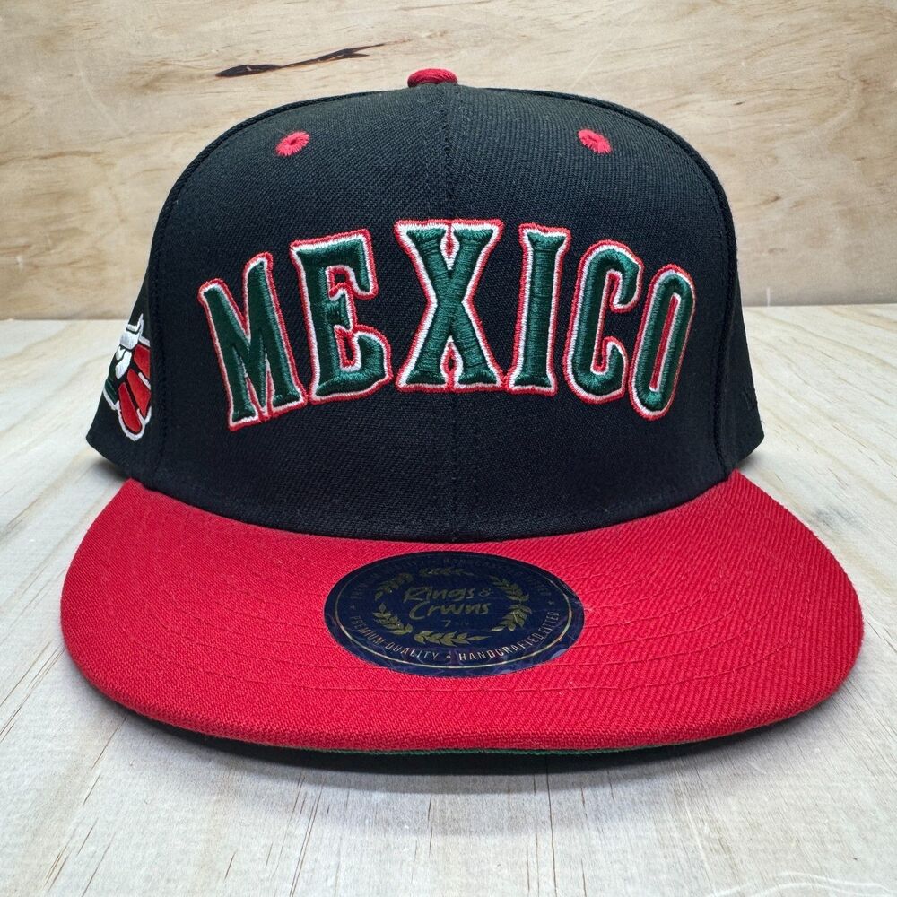 NEW Mexico Rings Crwns Country Pride Logo Fitted Cap Hat Black Red Sz 7 5/8